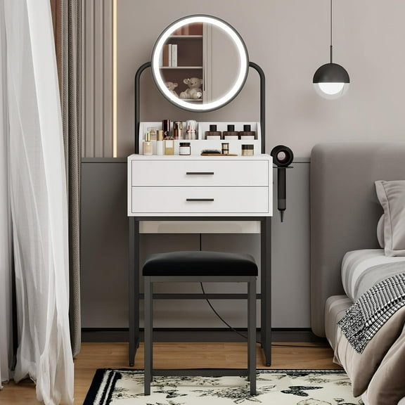 ARTETHYS Small Vanity Desk with Lighted Mirror and Lights Compact Makeup Set with Drawers for Bedroom Mini White Modern Dressing Table with Chair