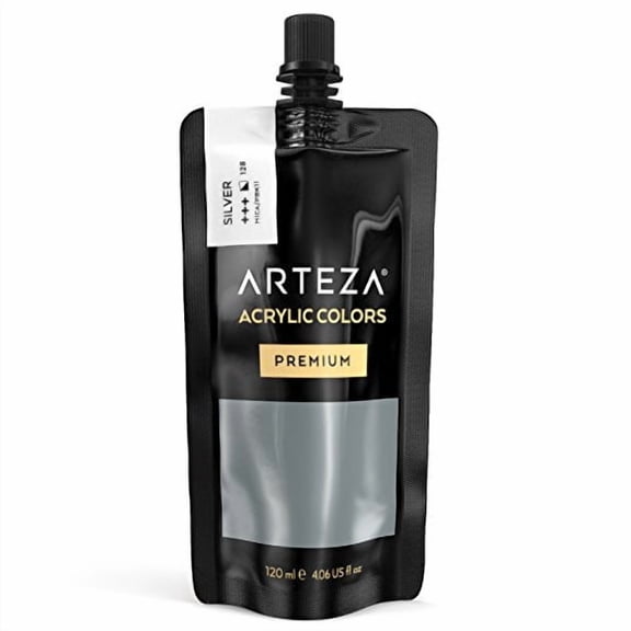 ARTEZA Acrylic Paint, Silver Color, (120 ml Pouch, Tube), Rich Pigment, Non Fading, Non Toxic, Single Color Paint for Artists & Hobby Painters