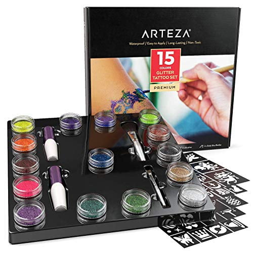 ARTEZA Glitter Tattoo Kit - Body Glitter Tattoo Set Includes 15 Vibrant Colors, 2 Brushes, 2 Glue Applicators and 40 Unique Glitter Tattoo Stencils - Glitter Temporary Tattoos For Kids And A