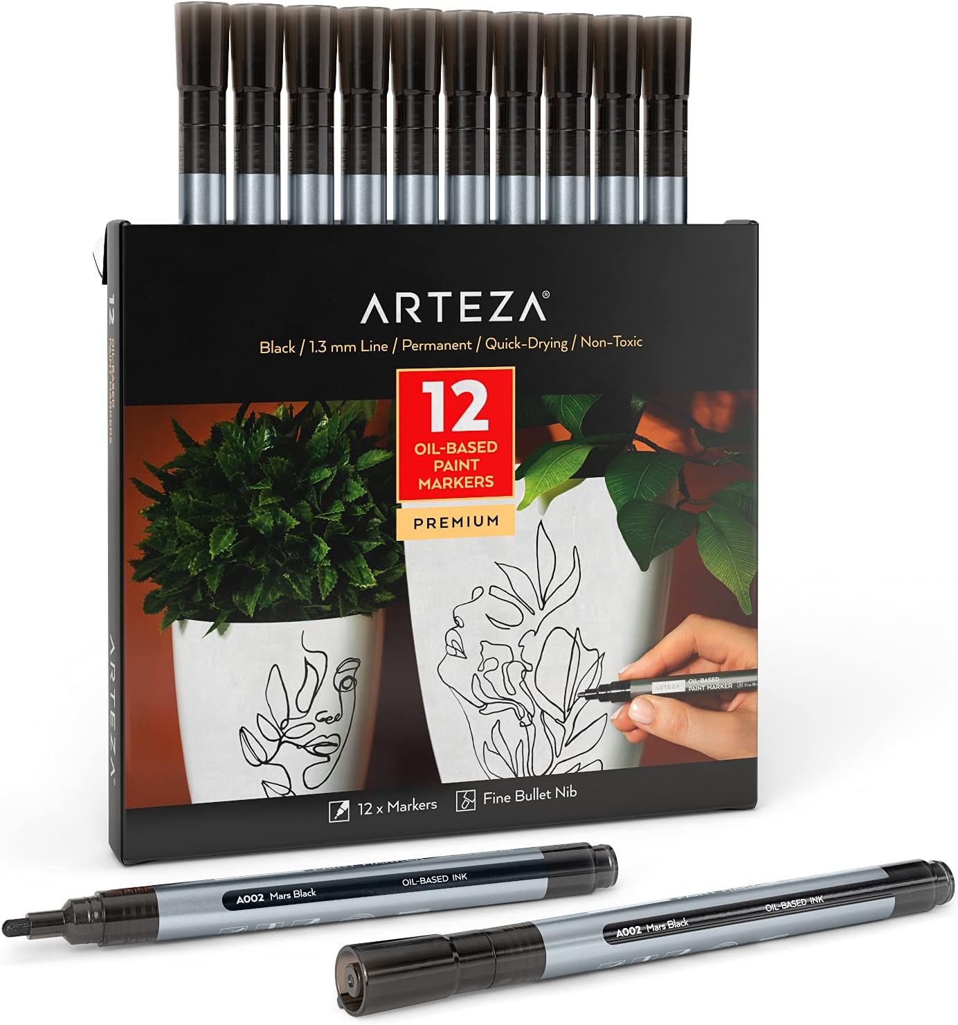 ARTEZA Oil Based Paint Markers, 12Pack Black, 1.3 mm Permanent Pens