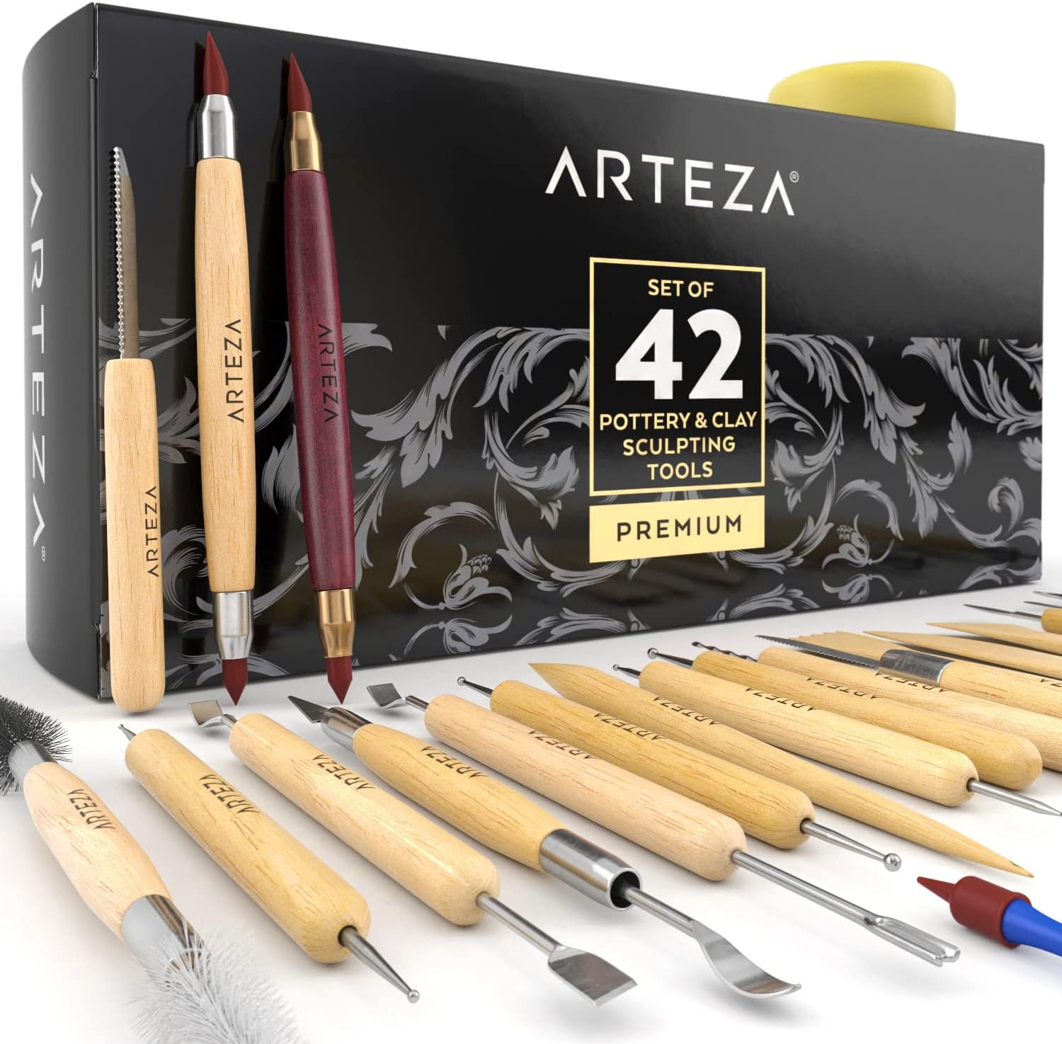 ARTEZA Pottery & Polymer Clay Tools, 42Piece Sculpting Set, Steel Tip