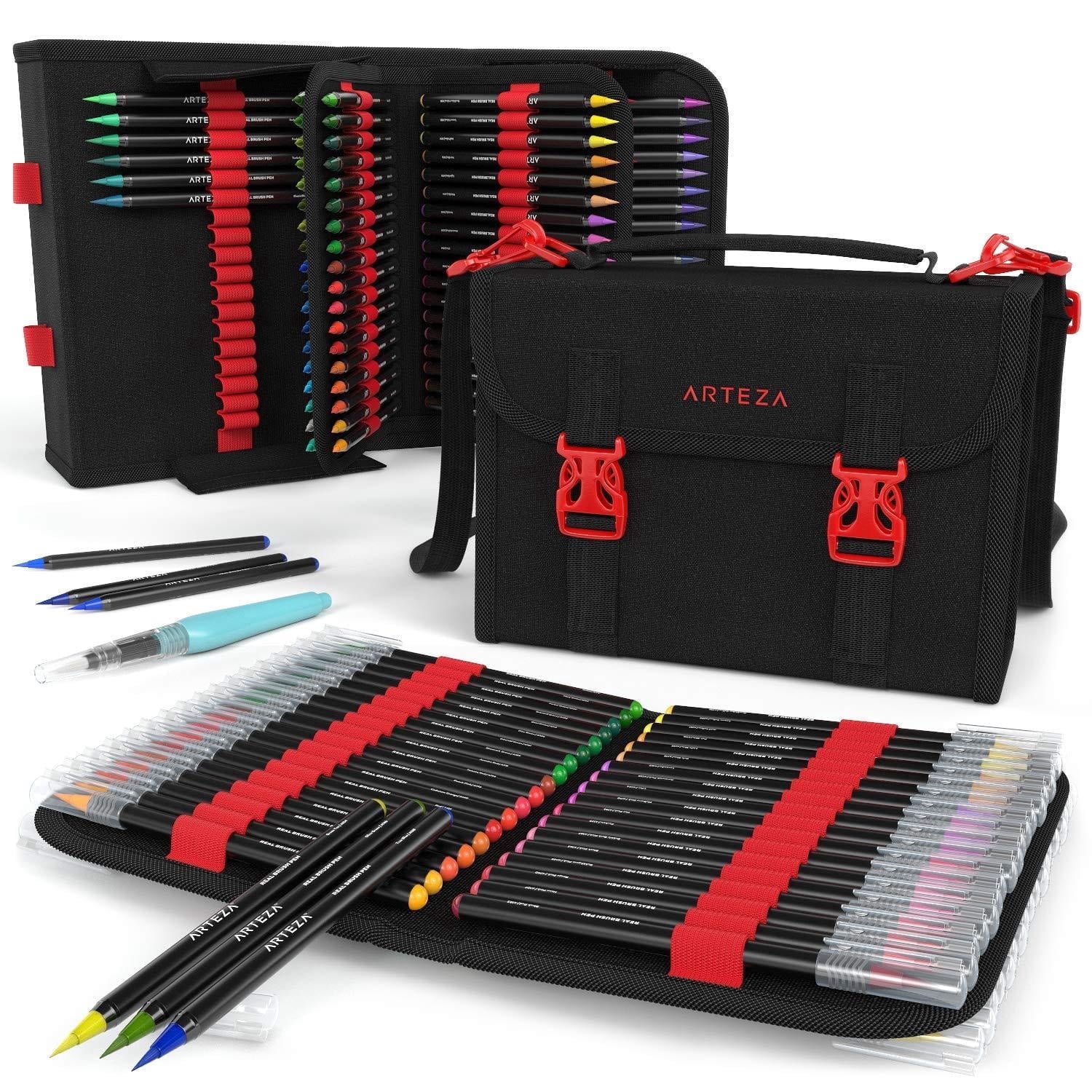 Arteza Real Brush Tip Artist Brush Pens Set, Blendable Ink, Assorted Colors, Travel Case