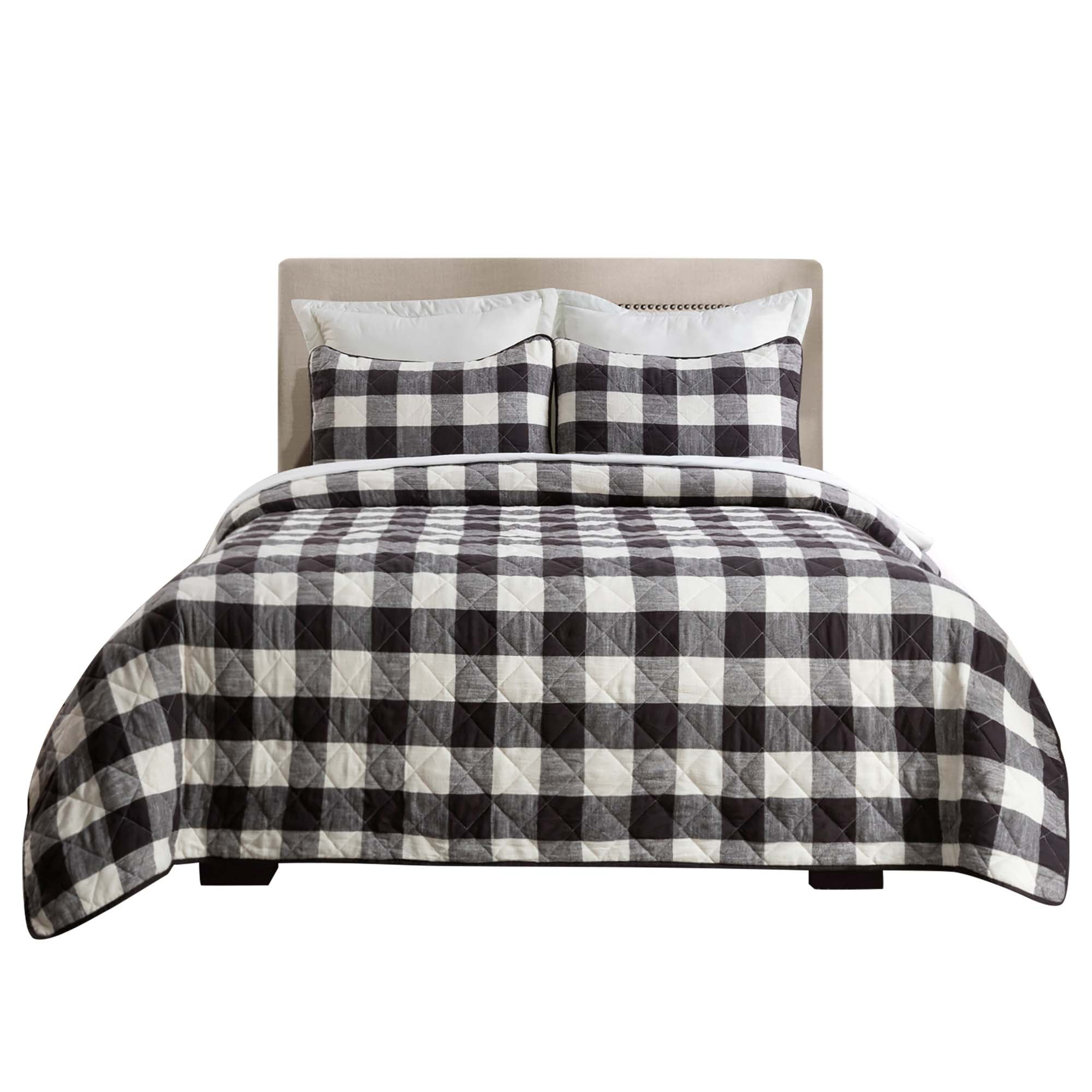 King Black and White Plaid Reversible Quilt Set