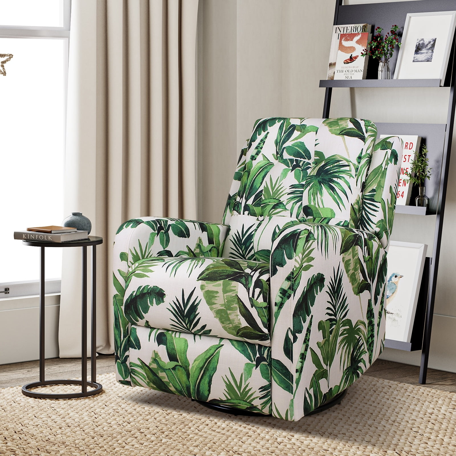 Green Floral Tufted Swivel Recliner with Manufactured Wood Frame