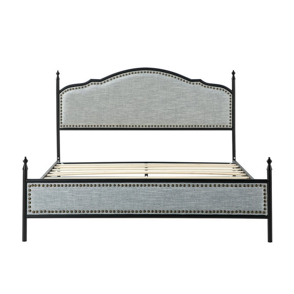 ARTFUL LIVING DESIGN Full Size Upholstered Platform Bed with Metal Legs & Nailhead Trims, Grey