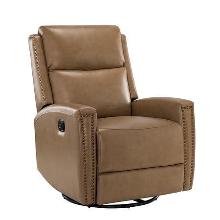 ARTFUL LIVING DESIGN Genuine Leather Swivel Rocker Recliner with Nailhead Trims & Swivel Base, Taupe
