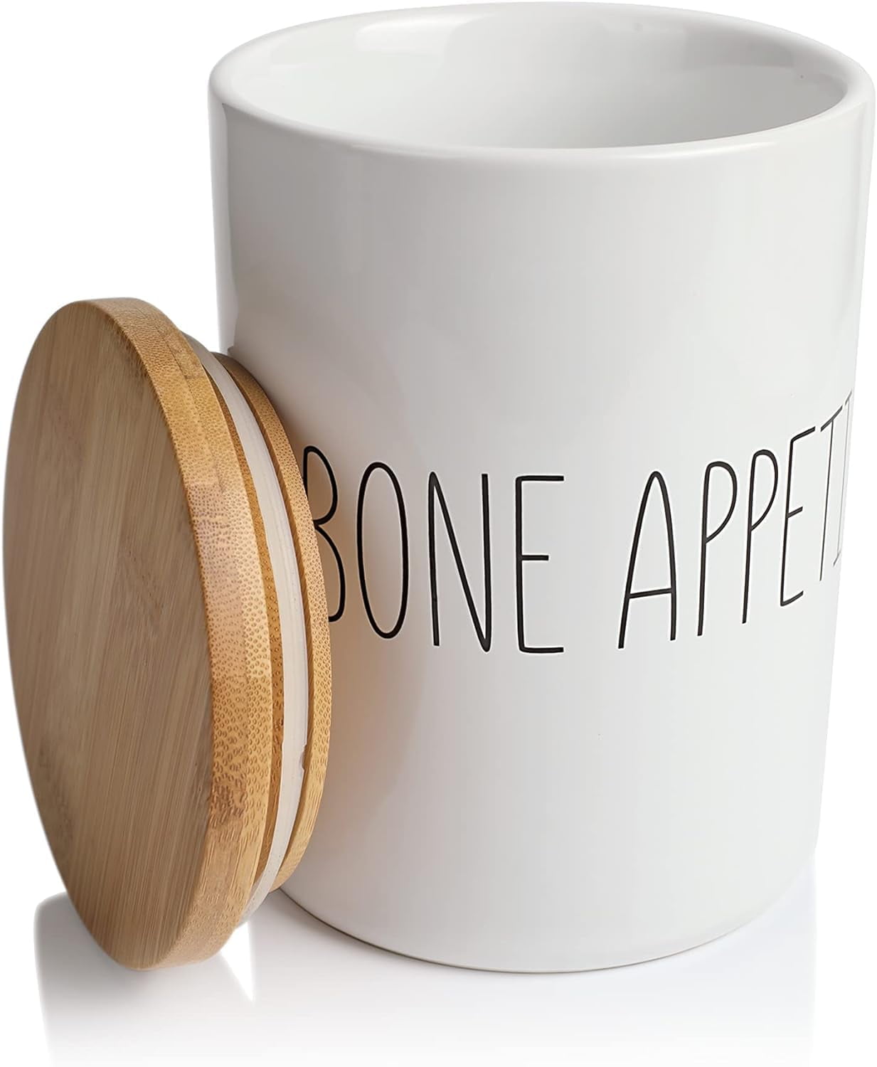 ARTHAUSEN Ceramic Storage Jar Canister - Airtight Bamboo Lid w/Silicone Seal - Modern Design for Kitchen Counter or Bathroom (Bone Appetit 1080mL)