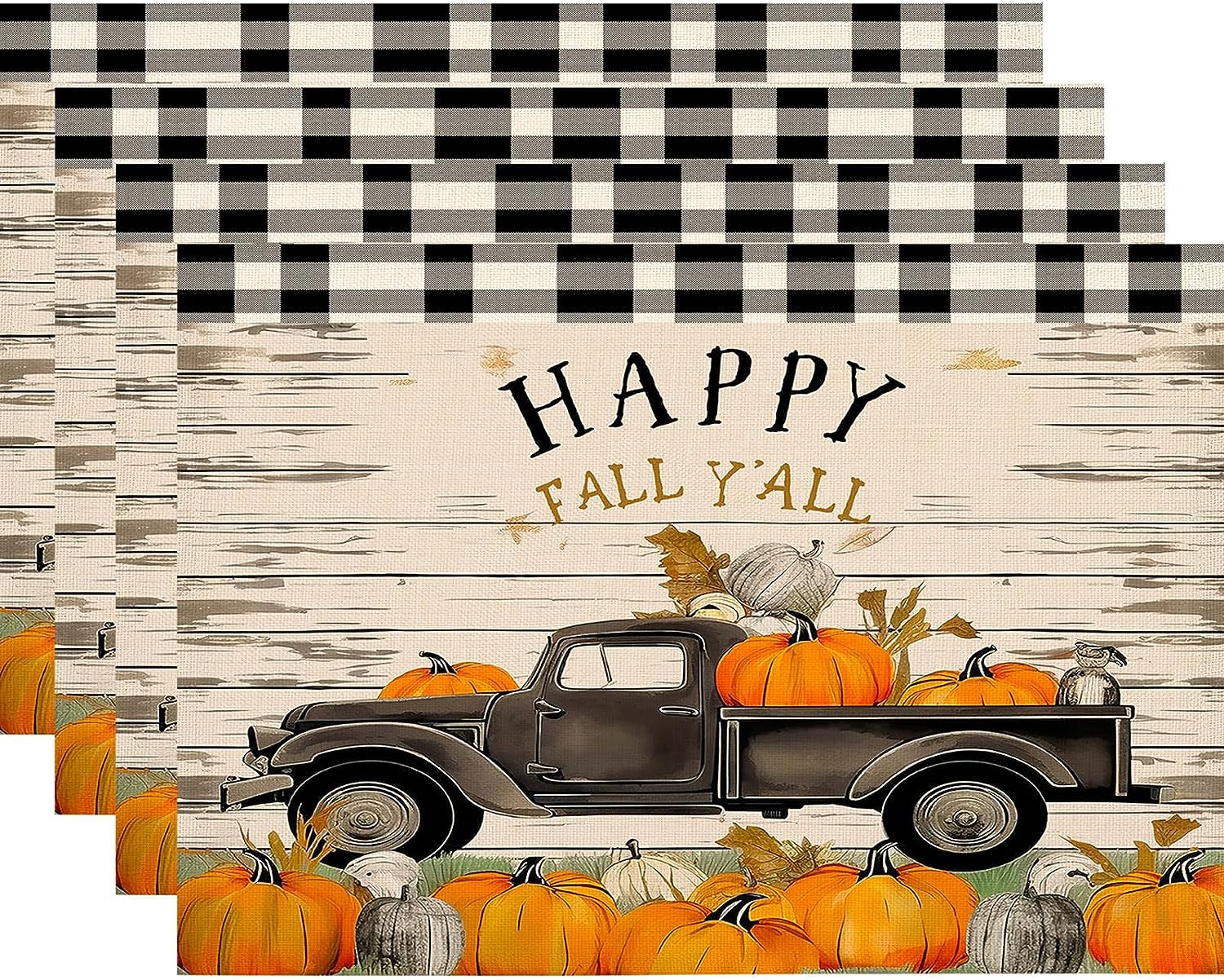 ARTHMOM Fall Placemats Set of 4, 12 x 18 Inch Black Buffalo Plaid