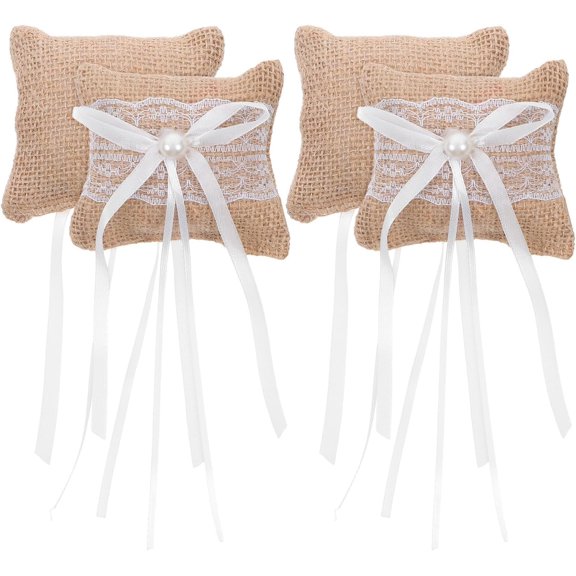 ARTIBETTER 4pcs Burlap Lace Wedding Ring Bearer Pillows Vintage Bridal Ceremony Cushion Rustic Pocket Ring Pillow for Wedding Engagement Party