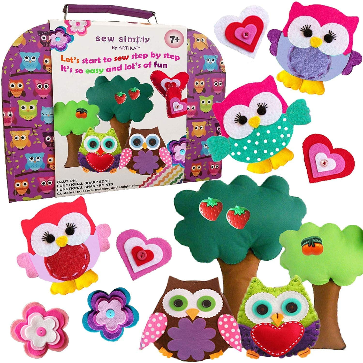 ARTIKA Sewing Kit for Kids - Owl Themed Craft Kit for Girls & Boys w/  Booklet, Stencil Shapes, Supplies to Sew and Travel Case 