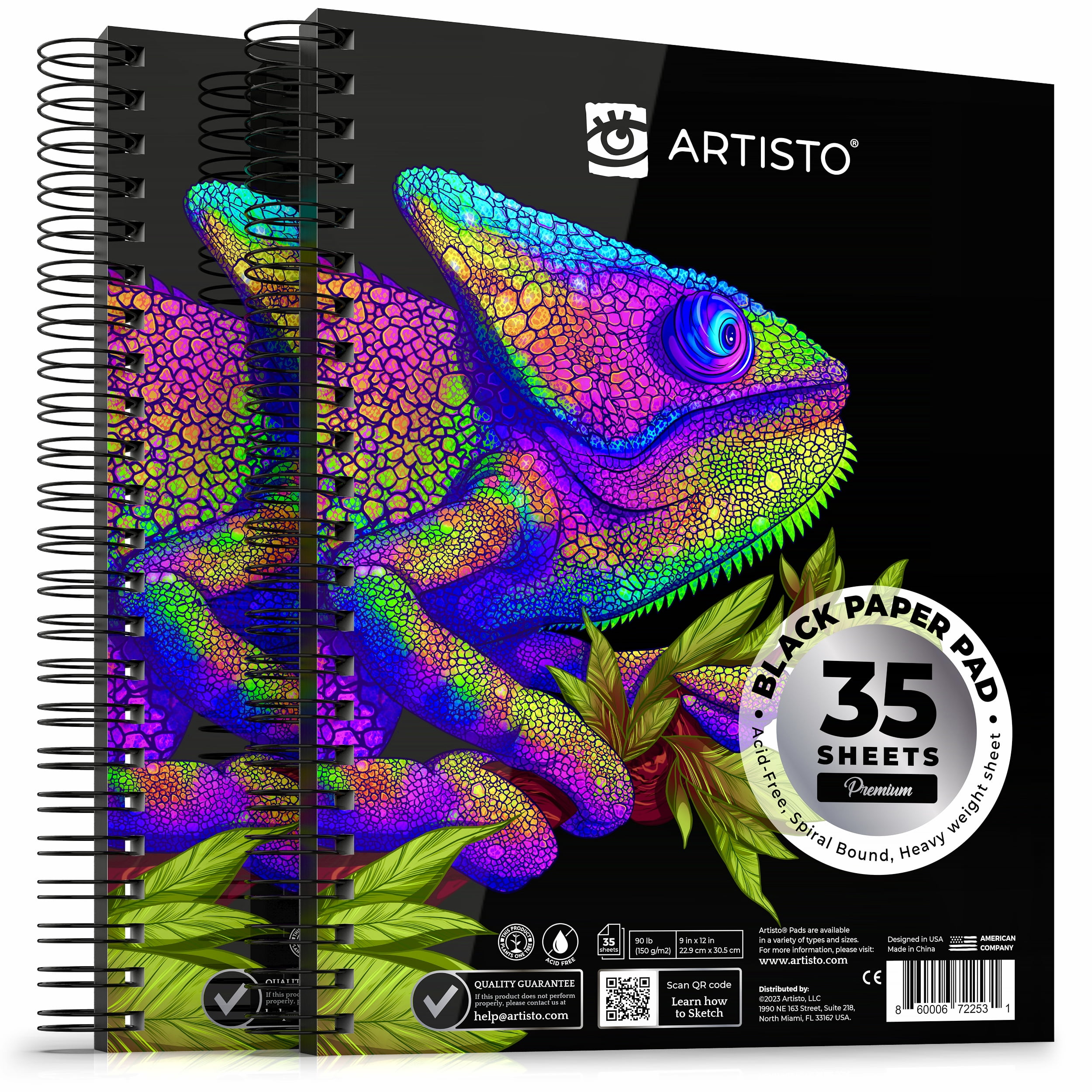 ARTISTO 9x12" Premium Black Paper Pads, Spiral Bound Sketchbook, Pack