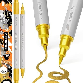 ARTISTRO 2 Gold Dual-Tip Acrylic Paint Pens - Multisurface Markers for Fabric, Plastic, & More, 1 mm Fine & Brush Tips