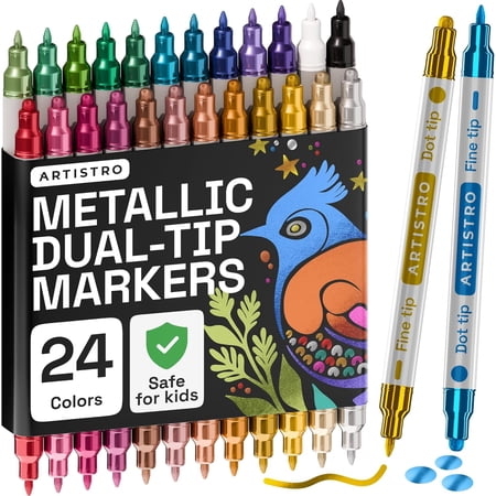 ARTISTRO 24 Metallic Precision Dual-Tip Acrylic Paint Markers – Paint Pens Set with Dot & Fine Tips for Fabric, Rock, Glass, Wood, Coloring Books – Classroom & Art Supplies Teacher Appreciation Gift