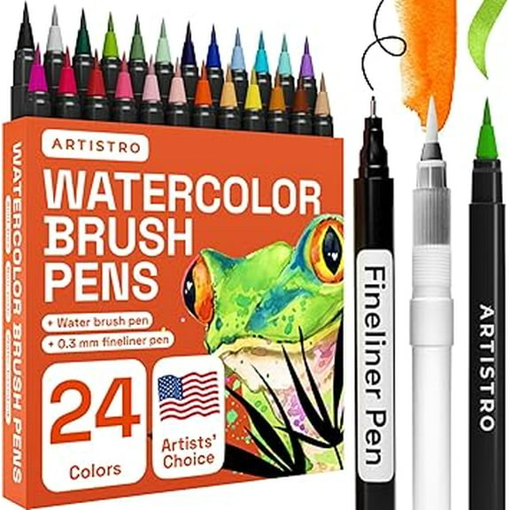 ARTISTRO 24 Watercolor Markers with Flexible Brush Pens for Pros & Beginners - Consistent, Smooth, Washable, Non-Toxic, Ideal for Coloring, Calligraphy, & Manga
