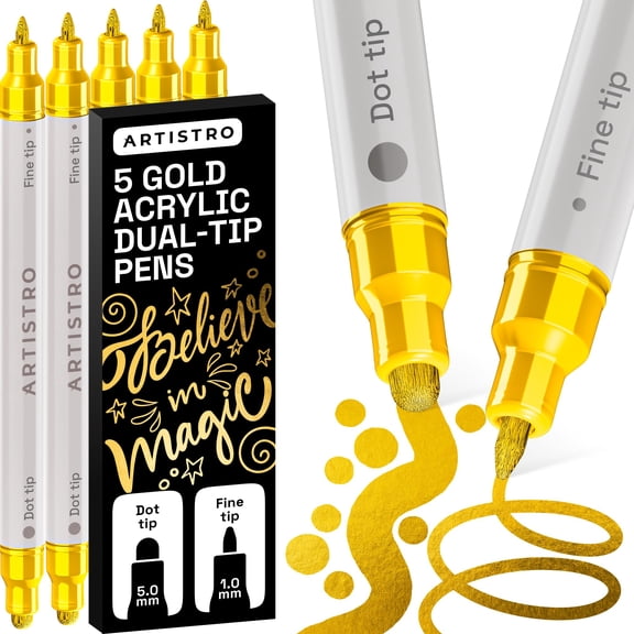 ARTISTRO 5 Gold Precision Dual-Tip Acrylic Paint Markers Paint Pens Set with Dot & Fine Tips for Fabric, Rock, Glass, Wood, Coloring Books Classroom & Art Supplies Gift Teacher Appreciation Gift