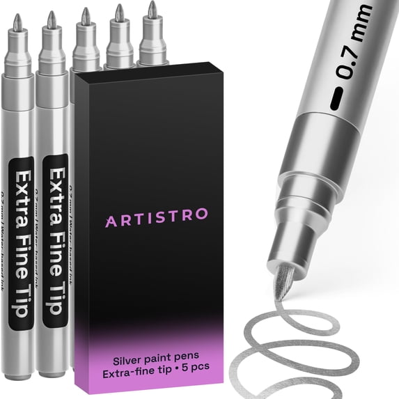 ARTISTRO 5 Silver Paint Pen for Rock, Glass, Ceramic, Wood, Tire, Fabric, Metal, Canvas, Marking, Painting - Set of 5 Acrylic Paint Markers Water-based