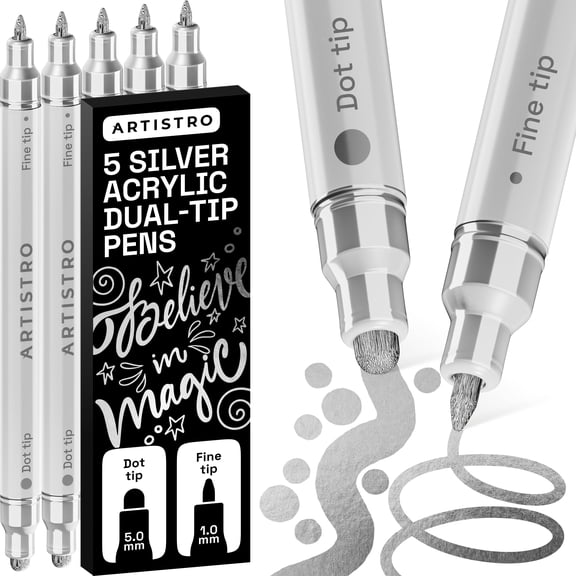 ARTISTRO 5 Silver Precision Dual-Tip Acrylic Paint Markers Paint Pens Set with Dot & Fine Tips for Fabric, Rock, Glass, Wood, Coloring Books Classroom & Art Supplies Gift Teacher