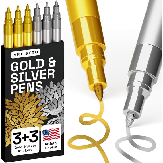 ARTISTRO 6 Acrylic Gold & Silver Paint Pens - 0.7mm Extra-Fine Markers - Great for Greeting Cards, Ornament Decor, & More