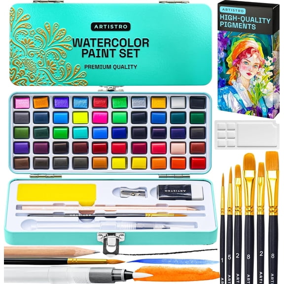 ARTISTRO 50 Color Watercolor Paint Set - Portable Paint Art Kit with Palette and Brush Pens - Travel Water Color Set for Adults, Professionals, Kids - Art and Painting Supplies - Gift Idea