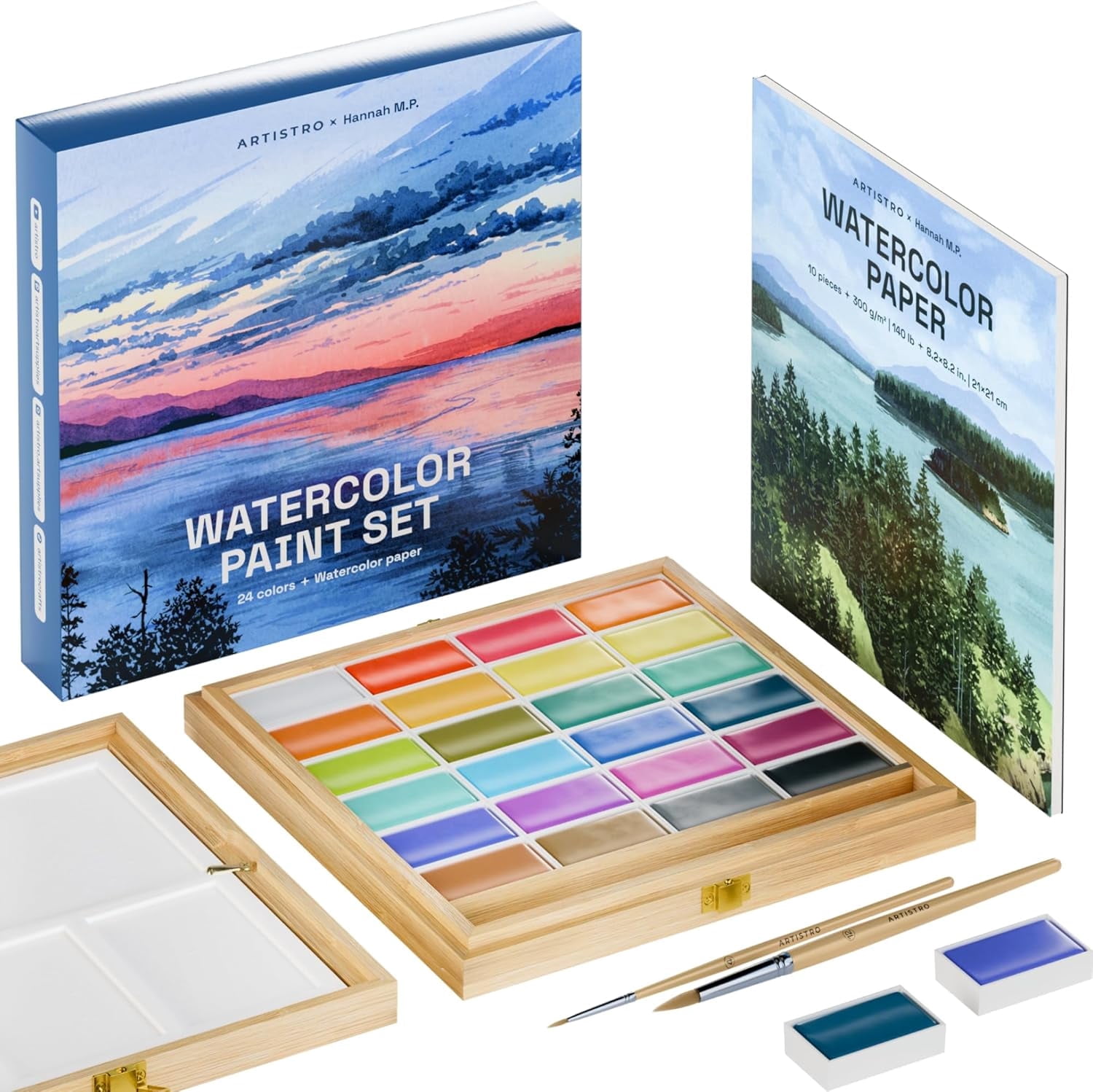 ARTISTRO x HANNAH M.P Professional Watercolor Paint Set Limited Edition with 24 colors in Bamboo Wooden Box (6ml XL Pans) - 2 Brushes, Watercolor Paper, Mixing Tray - Watercolor Set for Professionals