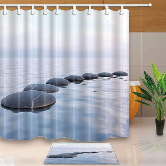 ARTJIA 3d Rendering of Zen Stones in Water with Reflection Shower Curtain 66x72 inches with Floor Doormat Bath Rugs 15.7x23.6 inches