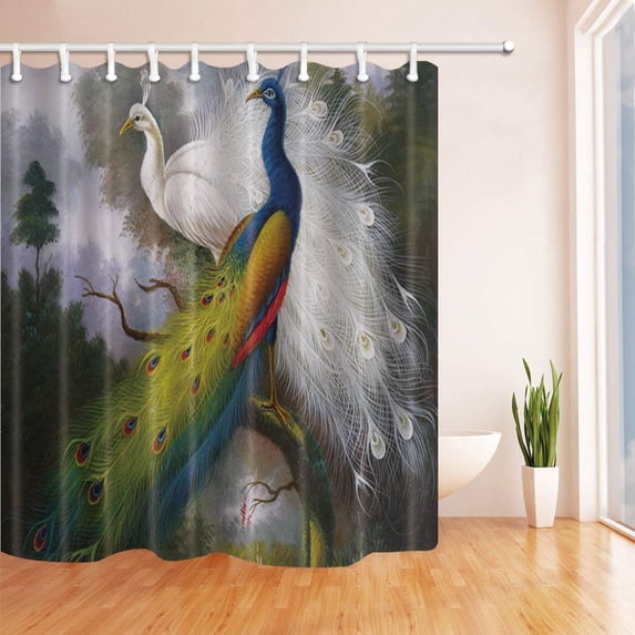 ARTJIA Birds Decor Blue and White Peacock on the Wooden Polyester Fabric Bathroom Shower Curtain 66x72 inches