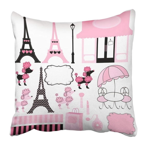 ARTJIA Black French Paris and Pink Poodle Ooh La Dog Girl Eiffel Tower Cartoon Animal Beautiful Pillowcase Pillow Cushion Cover 16x16 inch
