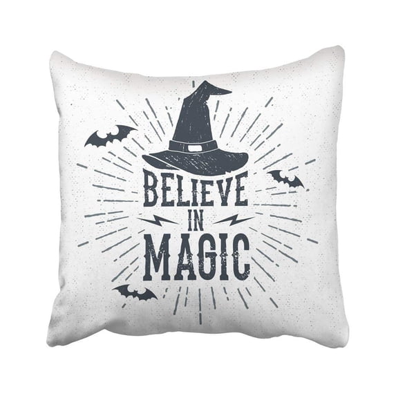 ARTJIA Black Quote Halloween Label With Witch Hat And Believe In Magic Lettering White Hand Pillowcase Cover 18x18 inch