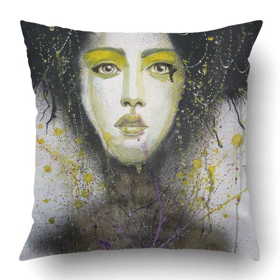 ARTJIA Black Woman Watercolor Portrait of Beautiful Girl Self Made Painting Yellow Modern Face Eye Line Pillowcase 18x18 inch