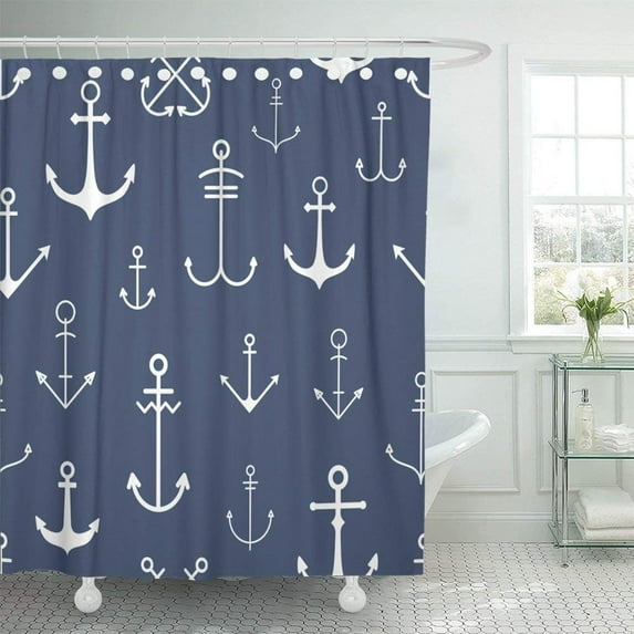 ARTJIA Blue Simple with Anchors Navy Abstract Boat Color Creative Cruise Drawing Graphic Shower Curtain 66x72 inch