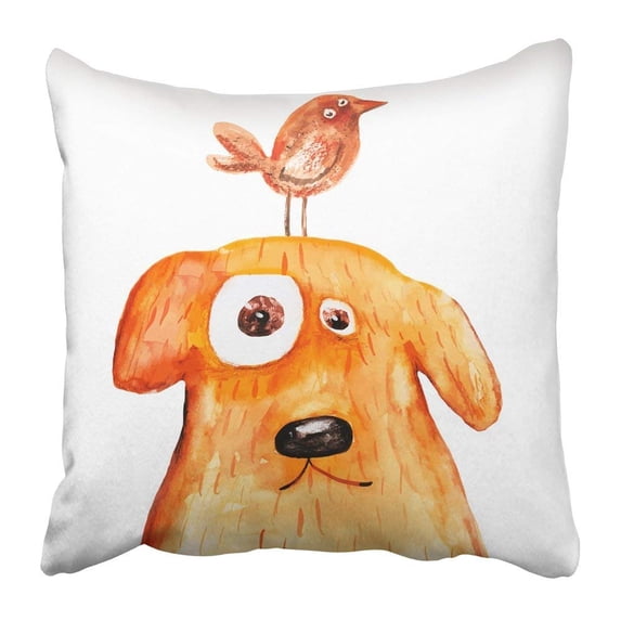 ARTJIA Brown Abstract Red Dog with Bird on the Head Watercolor Orange Pet Animal Beast Bright Cartoon Pillowcase Pillow Cushion Cover 18x18 inch