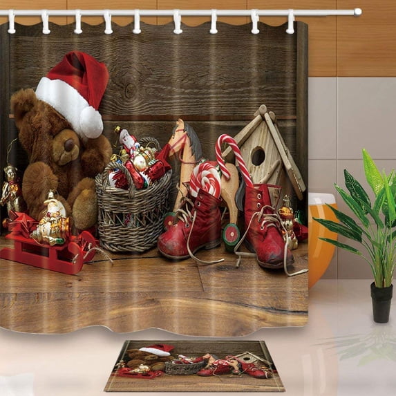 ARTJIA Christmas Child InTerest Taddy Bear wooden Background Shower Curtain 66x72 inches with Floor Doormat Bath Rugs 15.7x23.6 inches