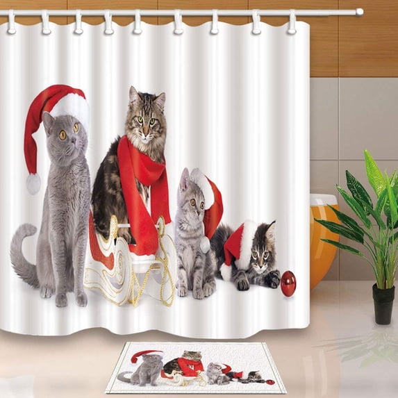 ARTJIA Christmas Lovely Cat With Hat And Scarf Shower Curtain 66x72 inches with Floor Doormat Bath Rugs 15.7x23.6 inches