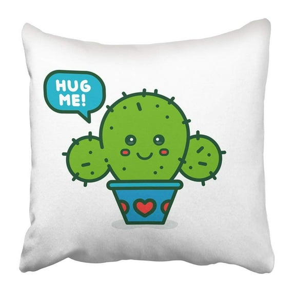 ARTJIA Cute Smiling Happy Cactus Say Hug Me Modern Line Outline Flat Cartoon Character Blue Pillowcase 18x18 inch