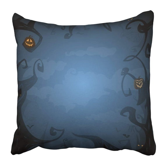 ARTJIA Dark Blue Halloween with Place for Text Trees Clouds Bats Scary Branches in Twilight Pumpkins Pillowcase 18x18 inch