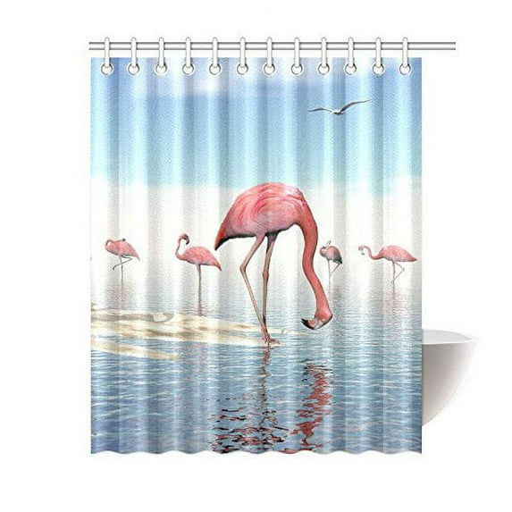 ARTJIA Daylight Tropical Beach Shower Curtain, Pink Flamingo Polyester Fabric Shower Curtain Bathroom Sets 60x72 Inches