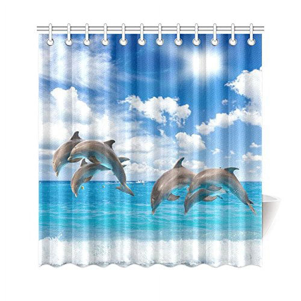 ARTJIA Dolphins Jump in Blue Sea Shower Curtain, White Clouds in Sky