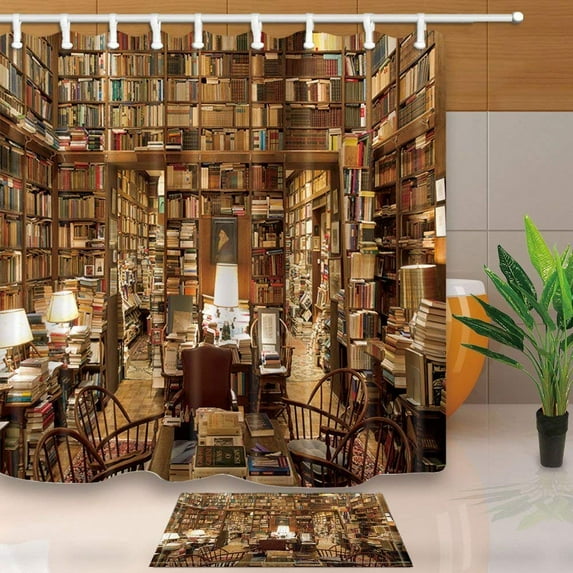 ARTJIA Education Decor Books Library Bookshelves Teacher Gifts Shower Curtain 66x72 inches with Floor Doormat Bath Rugs 15.7x23.6 inches