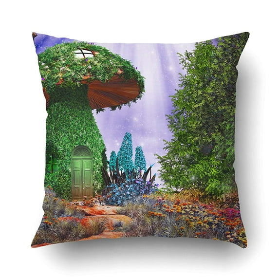 ARTJIA Fairytale Scene With Mushroom House Covered By Ivy And Colorful Flowers Pillowcase Pillow Cushion Cover 16x16 inch