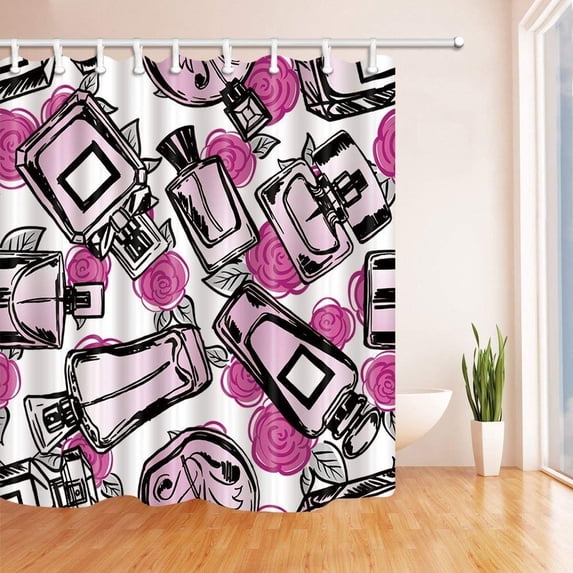 ARTJIA Fashion Woman Makeup Perfume Watercolor Perfume Bottles with Rose in White Polyester Fabric Bath Curtain, Bathroom Shower Curtain 66x72 inches