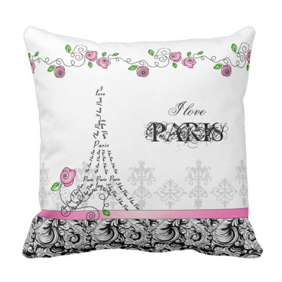 ARTJIA Flower Eiffel I Love Paris White Pink Black Tower Pillowcase Cushion Cover 16x16 inches