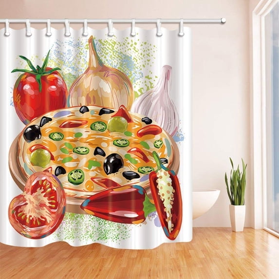 ARTJIA Food Cartoon Watercolr Pizza Polyester Fabric Bath Curtain, Bathroom Shower Curtain 66x72 inches