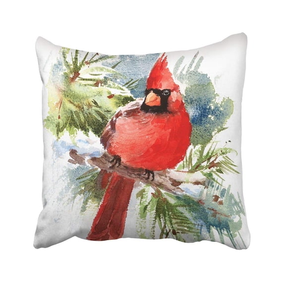 ARTJIA Green Painting Watercolor Bird Red Cardinal Winter Christmas Hand White Drawn Beautiful Pillowcase Pillow Cover 18x18 inches