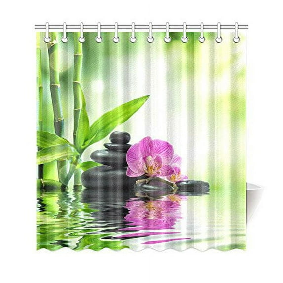 ARTJIA Japanese Zen Garden Shower Curtain, Spa Stone Purple Orchids Bamboo Water Polyester Fabric Shower Curtain Bathroom Sets 66x72 Inches