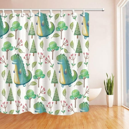 ARTJIA Kids Cartoon Dinosaur in Trees and Flowers Polyester Fabric Bath Curtain, Bathroom Shower Curtain 66x72 inches