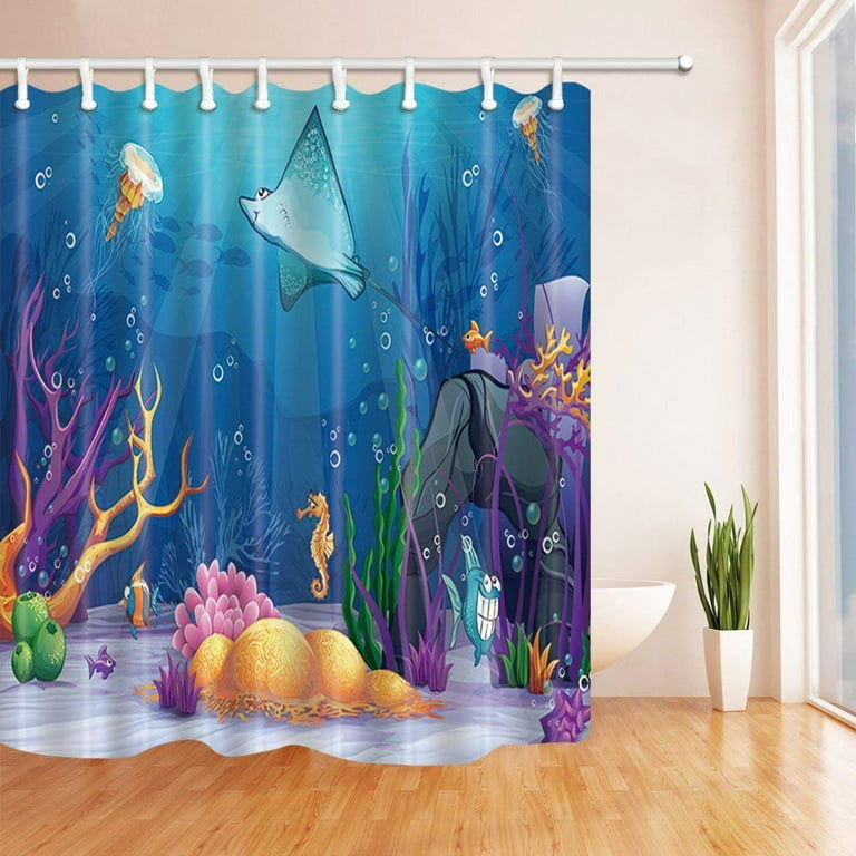 ARTJIA Kids Underwater World with a Funny Fish and Fish Ramp in Ocean  Polyester Fabric Bath Curtain, Bathroom Shower Curtain 66x72 inches 