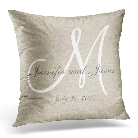 ARTJIA Letters Beige Linen Gray White Monogram Wedding Initials Pillowcase Cover 16x16 inch