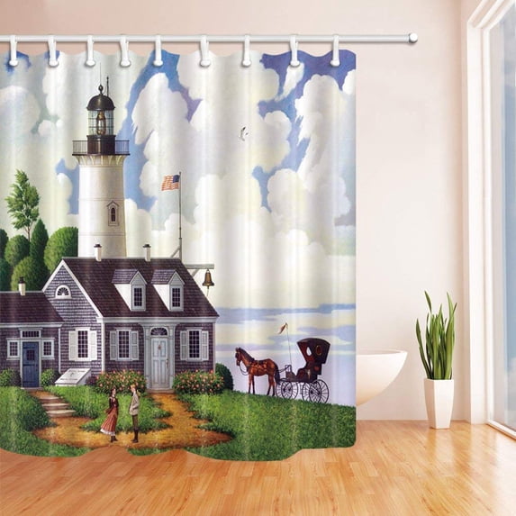 ARTJIA Lighthouse Decor Couple in the Manor with Carriage Polyester Fabric Bathroom Shower Curtain 66x72 inches