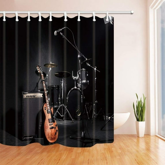 ARTJIA Music Grunge Concert Instruments Guitar and Drum in Black Polyester Fabric Bath Curtain, Bathroom Shower Curtain 66x72 inches