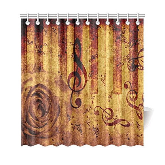 ARTJIA Musican Gifts Vintage Music Notes Shower Curtain, Red Flower Floral Rose Polyester Fabric Shower Curtain Bathroom Sets 66x72 Inches